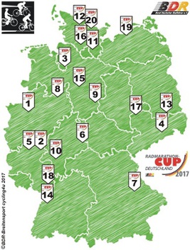 Die Austragungsorte des Radmarathon-Cup sind quer durch Deutschland verteilt. Grafik: BDR