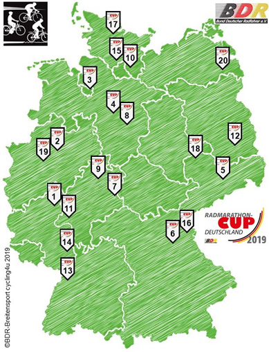 Die 20 Stationen des Radmarathon-Cup Deutschland 2019. Grafik: BDR