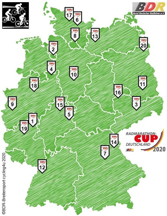 Die Stationen des Radmarathon-Cups Deutschland 2020. Grafik: BDR